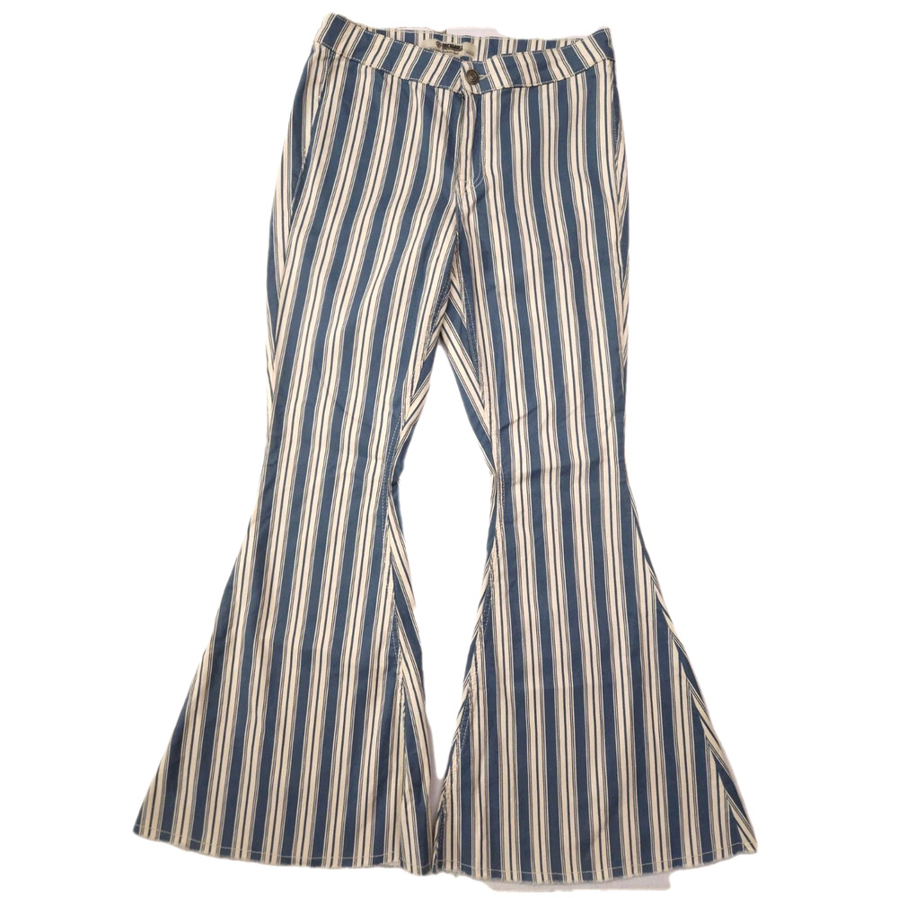 Rock & Roll Denim Jeans Women's 30x32 Blue Stripe Bargain Button Bell Flare leg